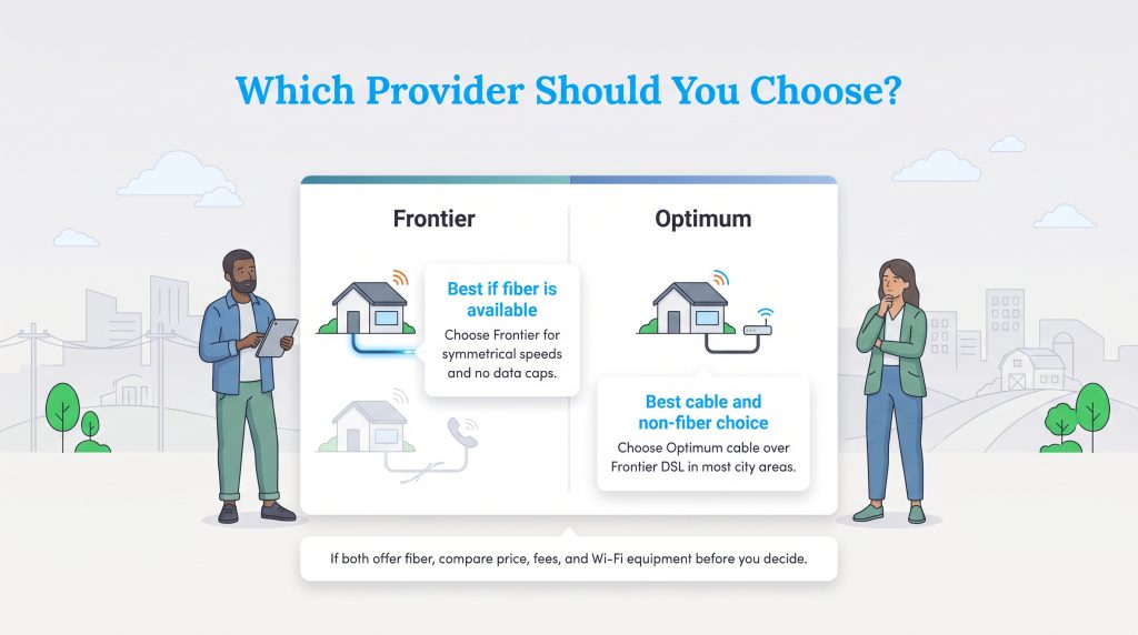 Comparison of Frontier and Optimum internet providers based on fiber versus cable availability.
