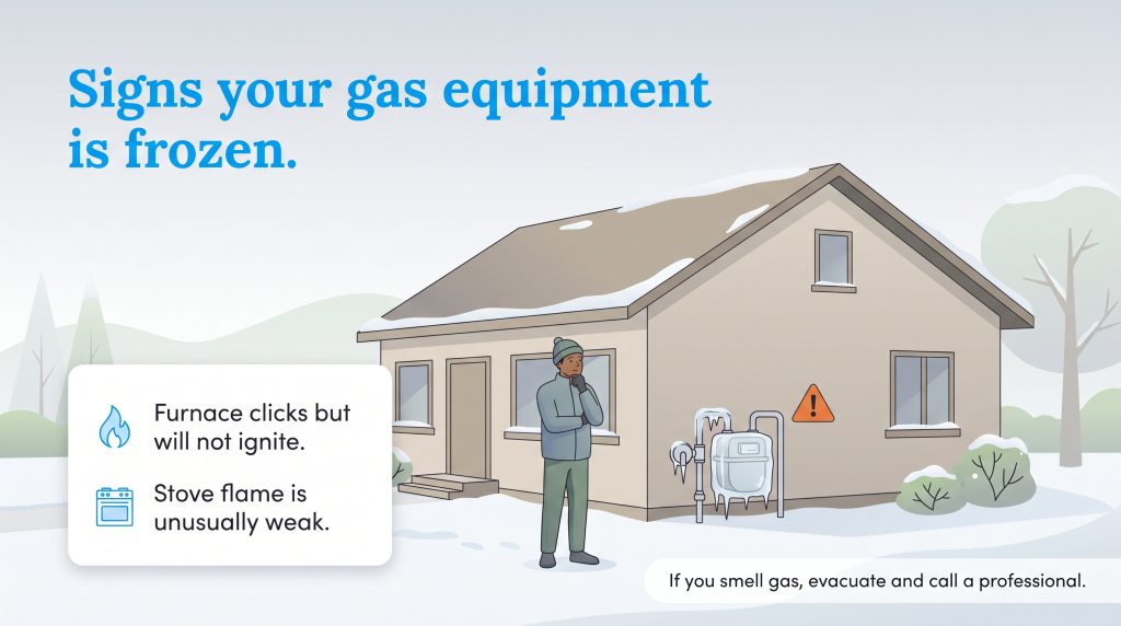 Illustration of a frozen outdoor gas meter with signs like weak stove flame and clicking furnace.