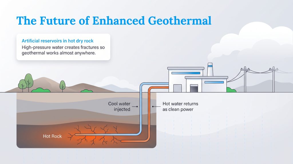 Diagram showing cool water injected into hot rock returning as clean energy