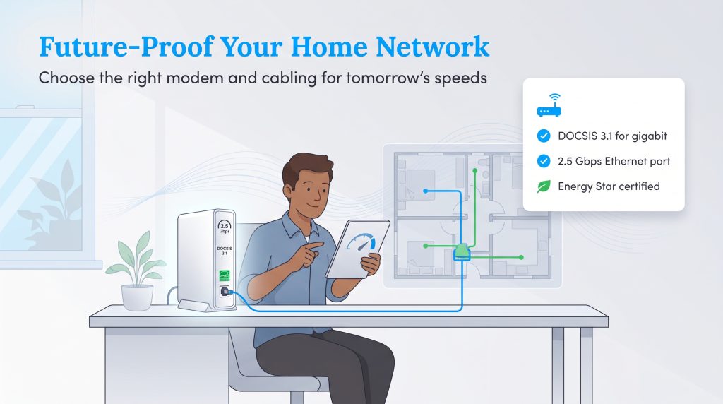 Illustration of a man with a modern DOCSIS 3.1 cable modem and home network blueprint.