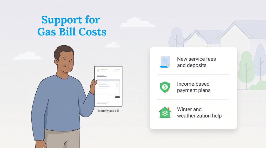 Illustration showing gas bill assistance programs like payment plans and weatherization help.