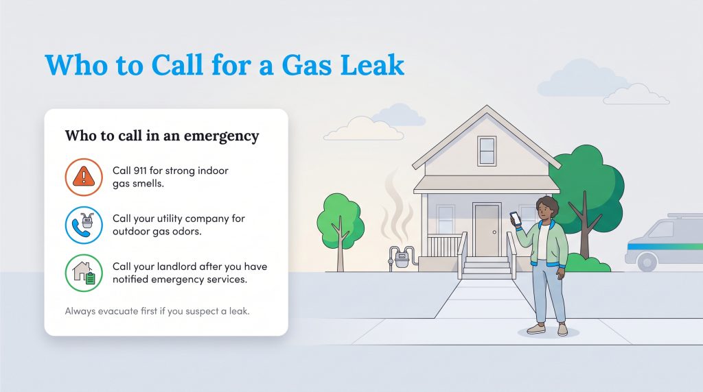 Infographic detailing who to call for indoor and outdoor gas leaks