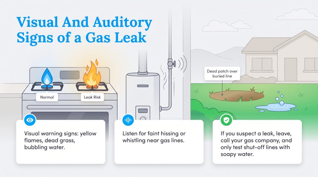 Infographic showing indoor and outdoor visual and auditory warning signs of a gas leak.