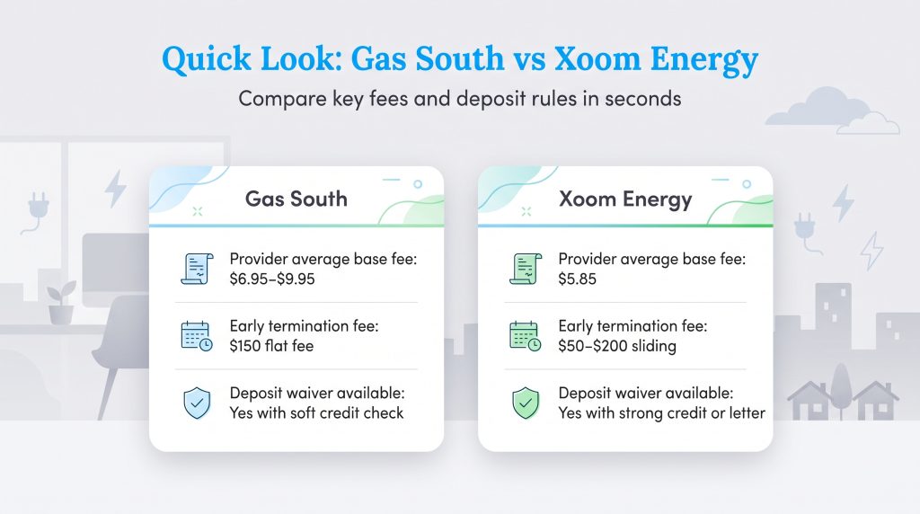 Side-by-side comparison of Gas South and Xoom Energy fees and deposit waiver requirements