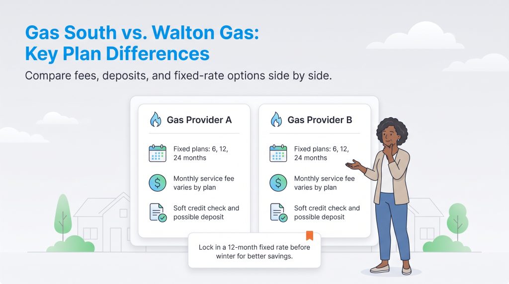 Comparison of gas provider plans showing fixed terms, monthly fees, and deposit details.