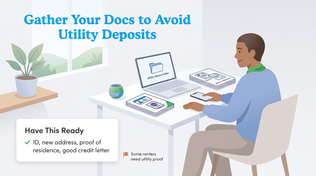 A man organizing documents at a desk to set up utilities and avoid security deposits.