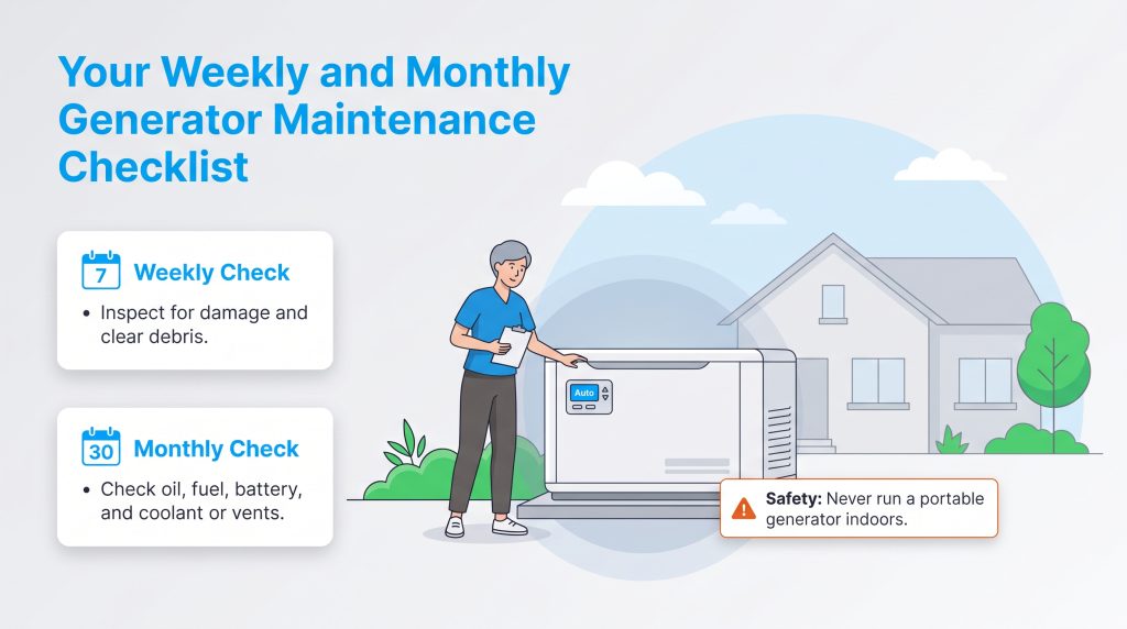 Illustration outlining weekly and monthly generator maintenance tasks and safety rules