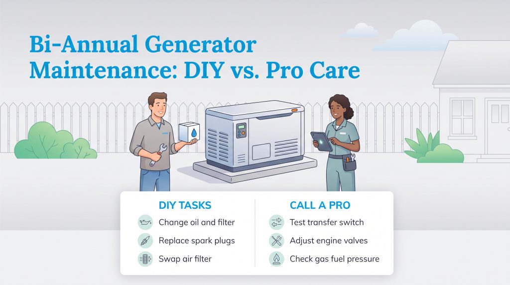 Comparison of DIY and professional tasks for bi-annual generator maintenance.