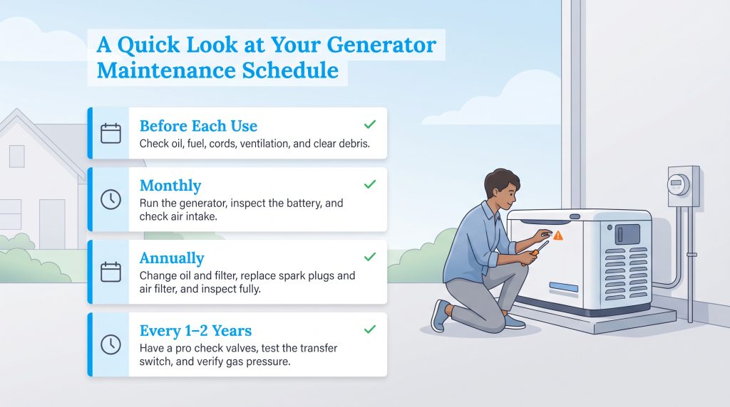 A generator maintenance schedule checklist with an illustration of a man servicing a generator.