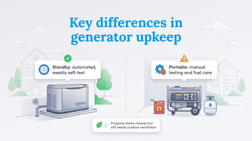 Comparison showing standby generator automated testing versus portable generator manual upkeep