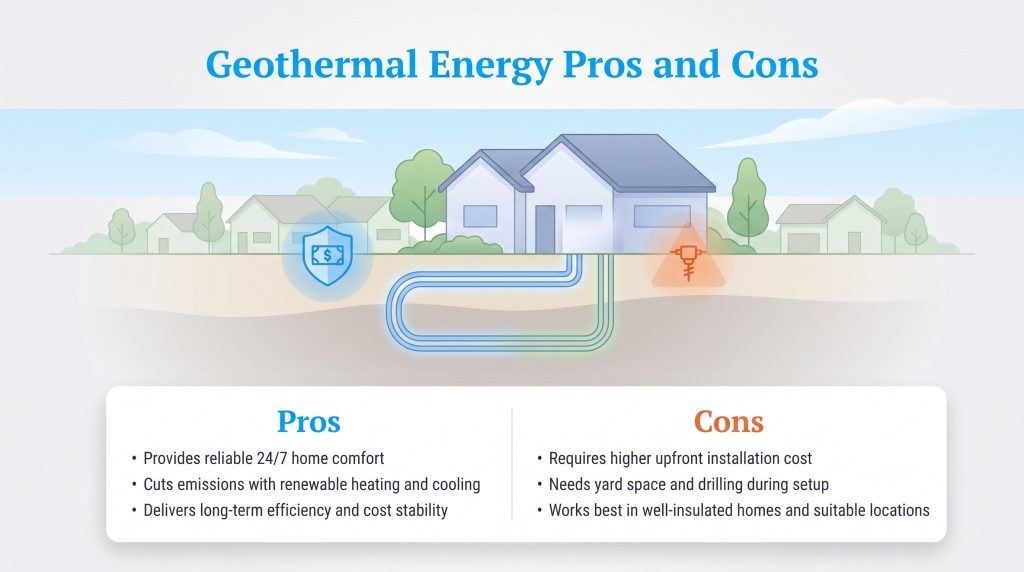 Diagram comparing the pros and cons of residential geothermal energy heating and cooling.