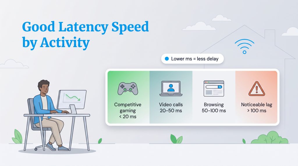 Chart showing recommended latency speed ranges in milliseconds for various online activities