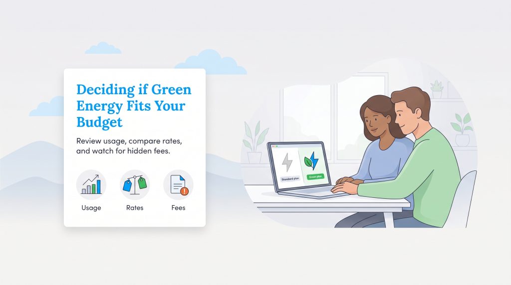 A couple comparing standard and green energy plans on a laptop