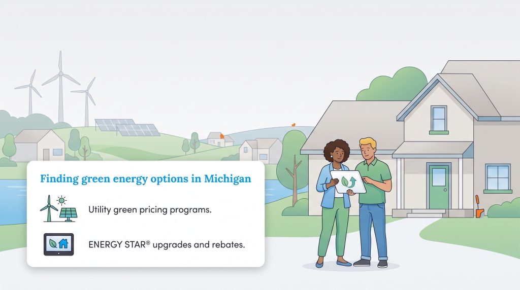 Illustration of a couple outside their home discussing green energy options in Michigan.