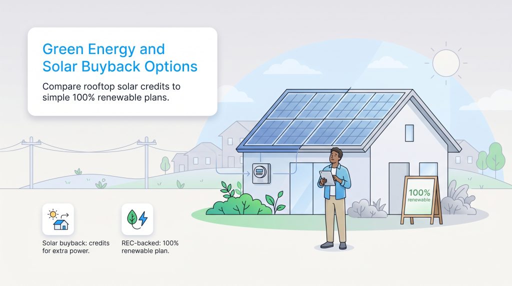 Illustration of a house with solar panels comparing solar buyback and renewable energy plans