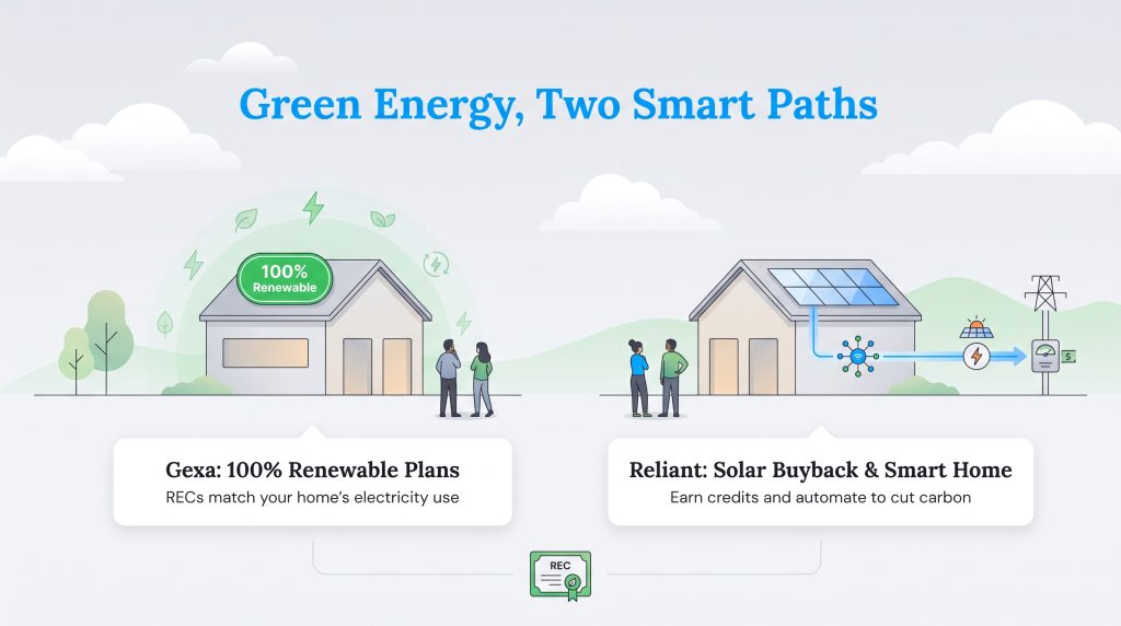 Comparison of Gexa 100 percent renewable plans and Reliant solar buyback with smart home tools