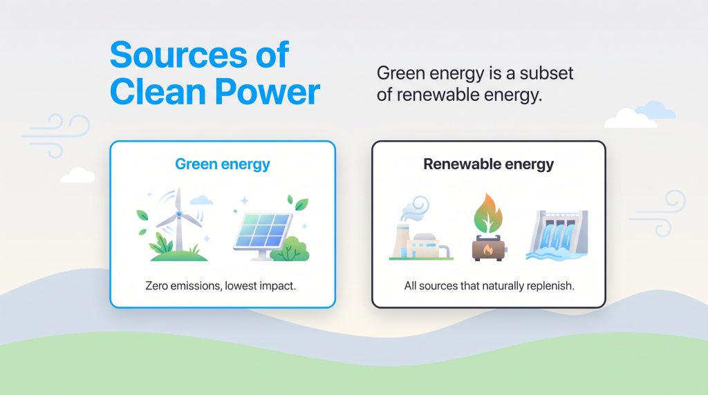 Chart comparing zero-emission green energy sources with self-replenishing renewable energy.