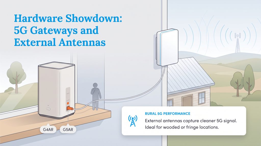 5G gateway connected by wire to an outdoor external antenna facing a distant tower
