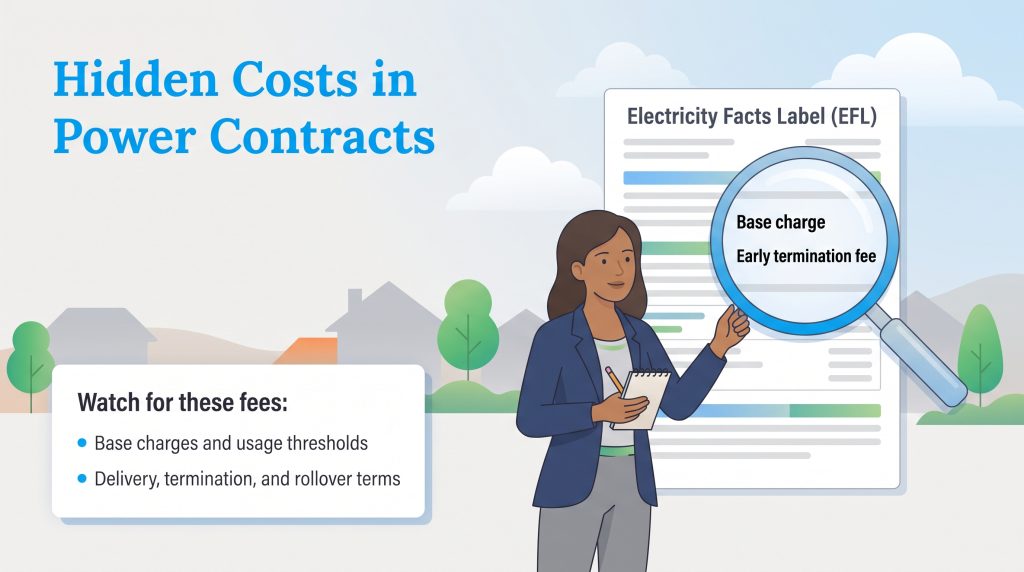 Woman using magnifying glass to find hidden fees like base charges in an electricity contract