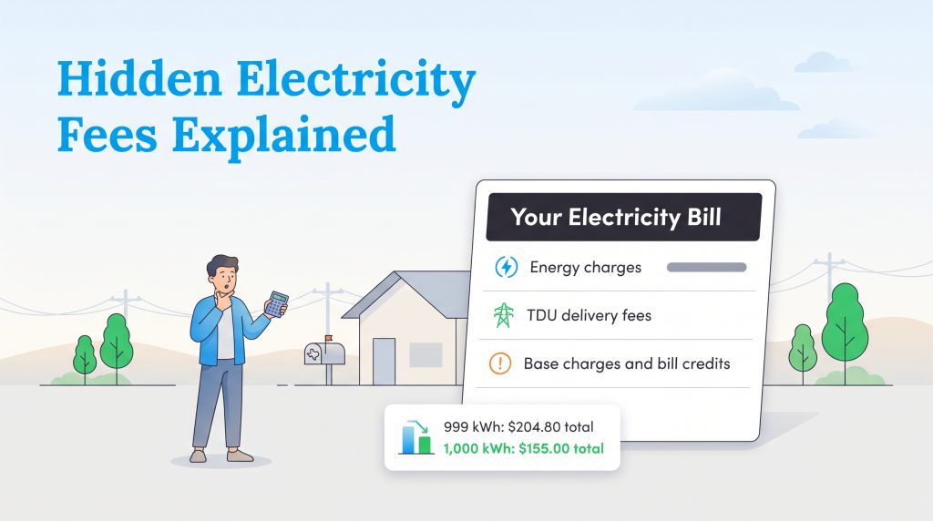 Graphic showing hidden electricity fees and a comparison of utility bill costs at different kWh