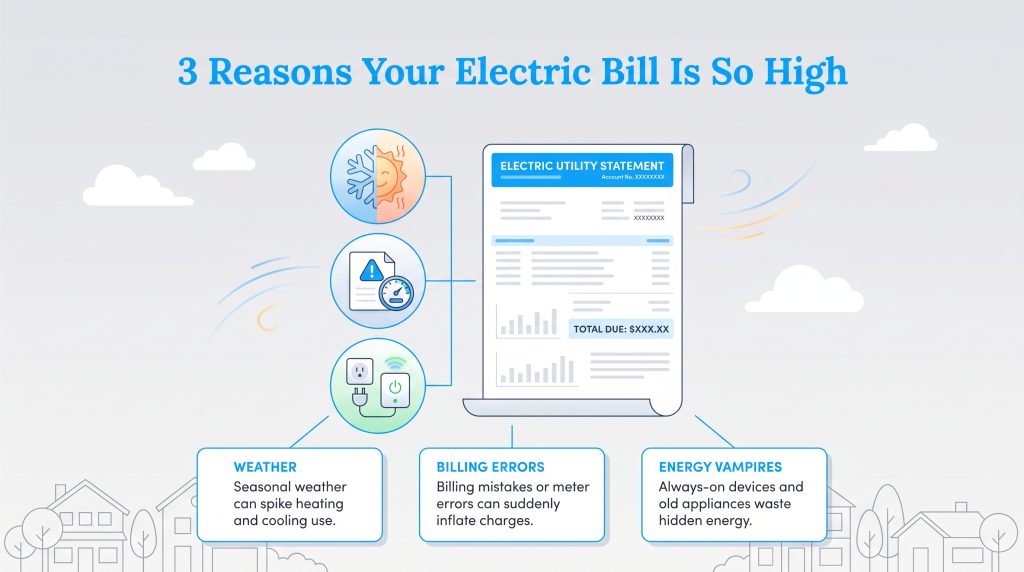 Infographic showing how weather, billing errors, and energy vampires spike electric bills.
