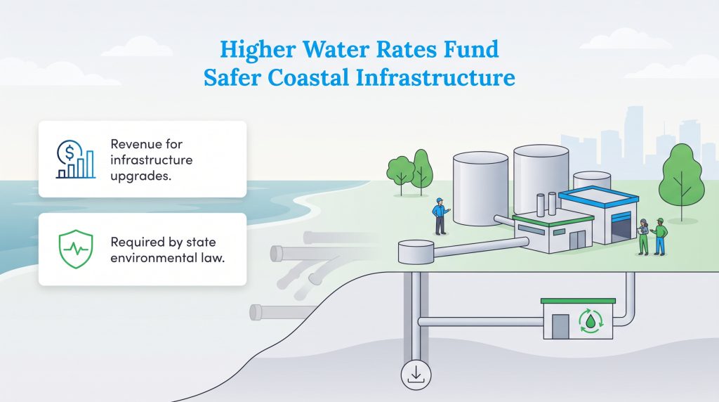 Graphic showing a coastal water facility with underground infrastructure upgrades.