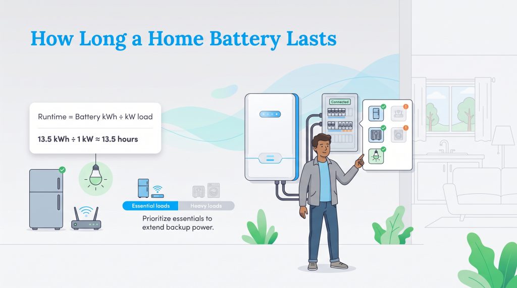 Infographic showing how managing essential loads extends home battery backup runtime.
