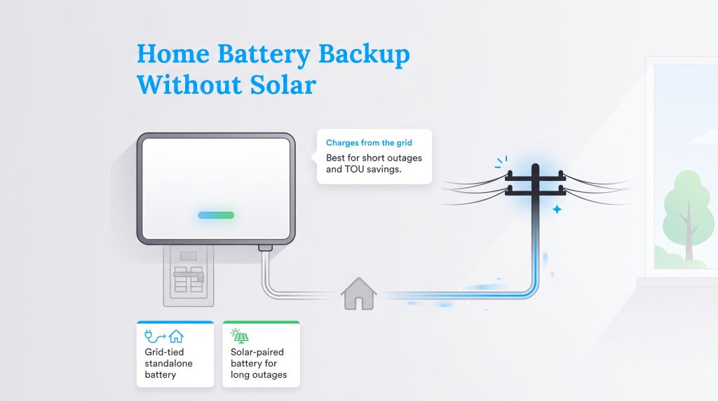 Illustration of a grid-tied home battery backup charging from a utility grid power pole