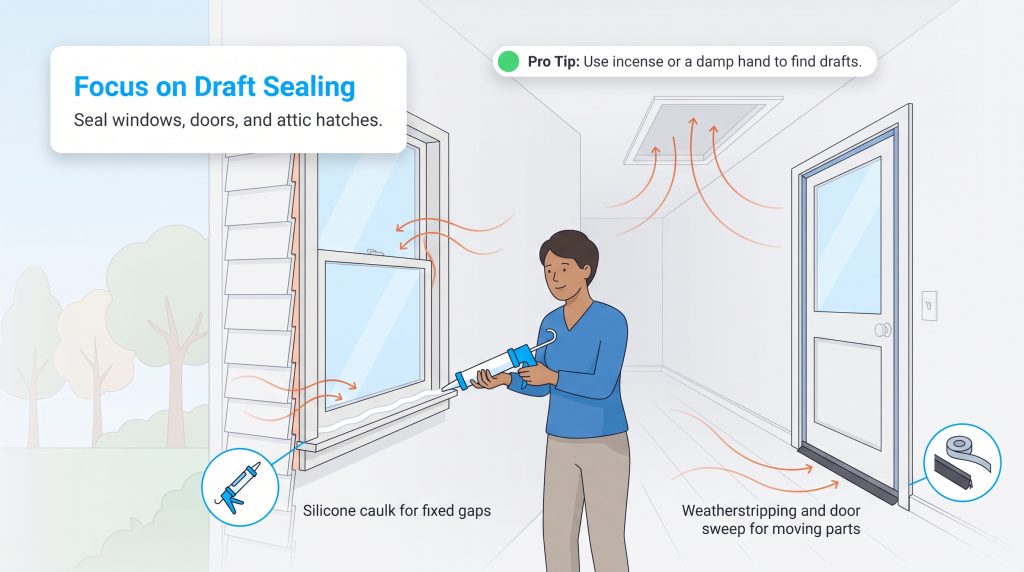 Illustration of sealing drafts around windows and doors with caulk and weatherstripping.