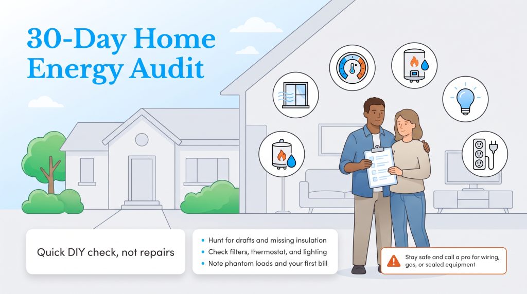 A couple reviewing a 30-day home energy audit checklist with icons showing key audit steps.
