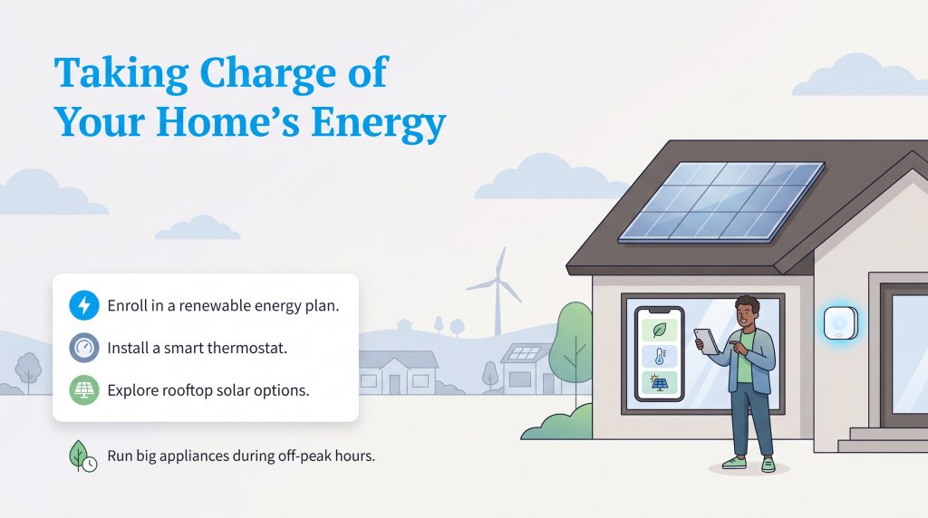 Tips for managing home energy featuring a house with solar panels and a smart thermostat.