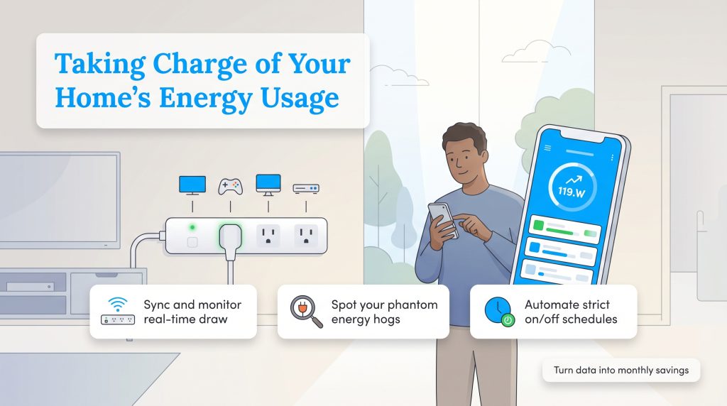 Illustration of a man using a smart power strip app to monitor and schedule home energy use.
