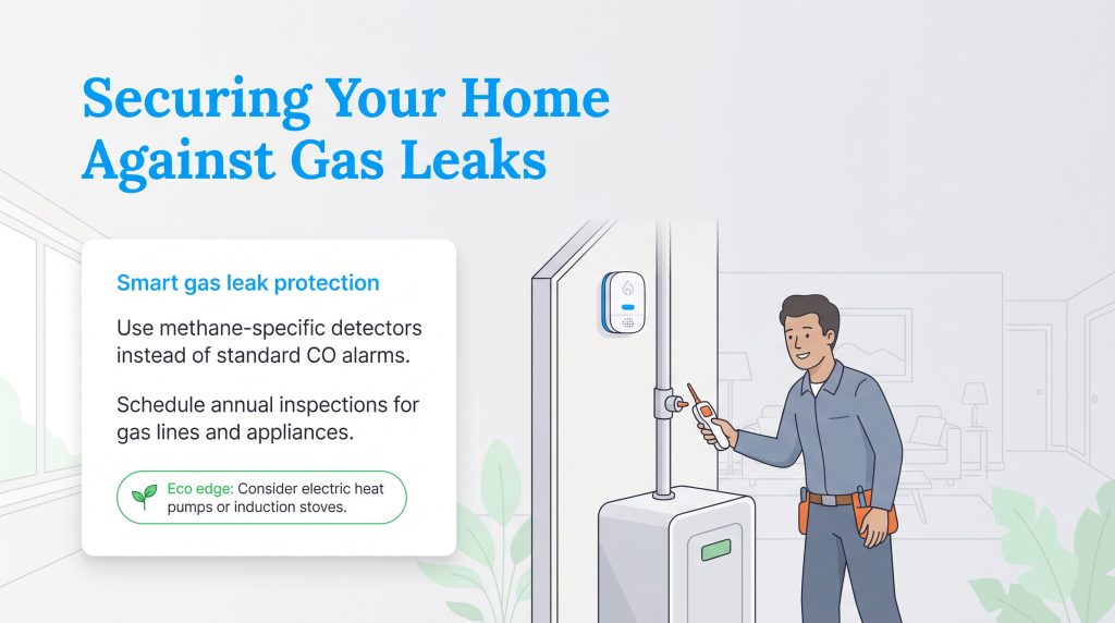 Illustration of a technician inspecting a home gas line next to a wall-mounted detector