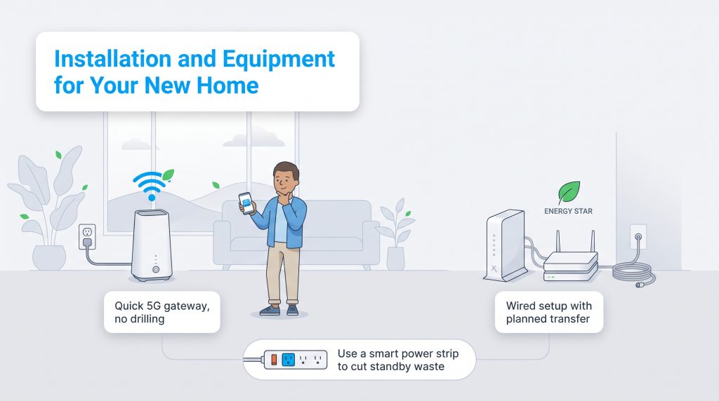 Illustration comparing a quick 5G gateway setup to a wired internet setup with eco-friendly tips.