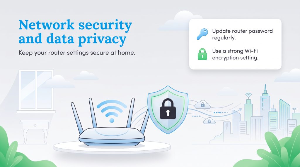 Illustration of a secure Wi-Fi router with tips to update password and encryption.