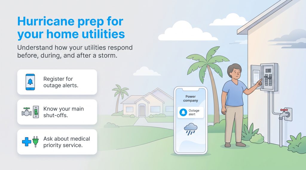 Illustration of a person checking an electrical panel with hurricane prep tips.