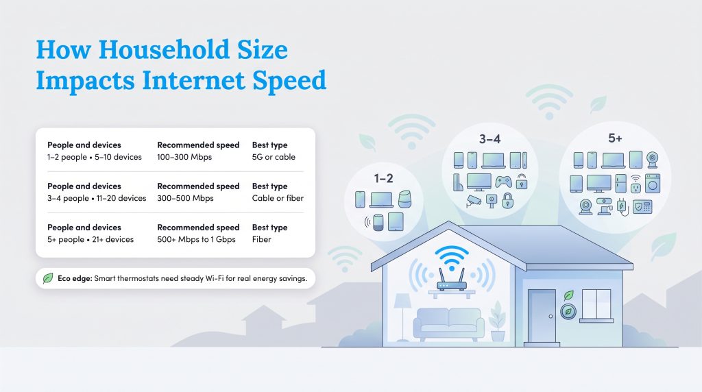 Table and illustration showing recommended internet speeds and types by household size.