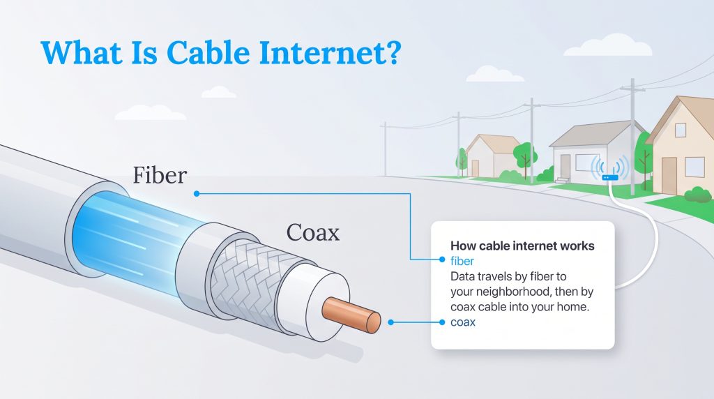 Diagram showing how cable internet uses fiber optics to neighborhoods and coax to homes.