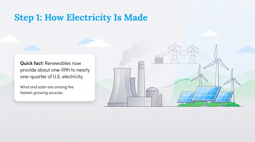Graphic of traditional power plants transitioning to wind turbines and solar panels.