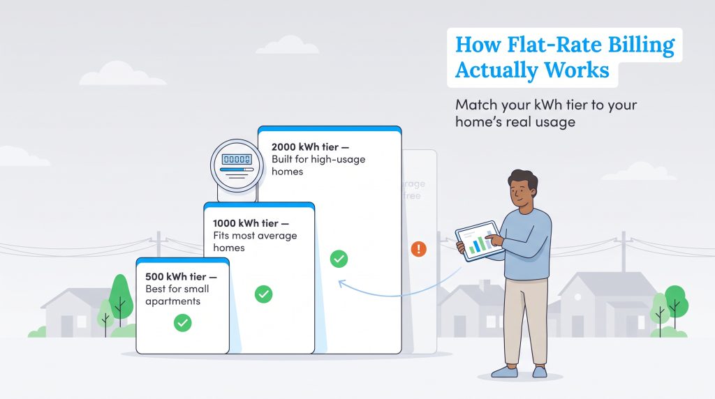 Graphic explaining how to match 500, 1000, and 2000 kWh flat-rate billing tiers to home usage