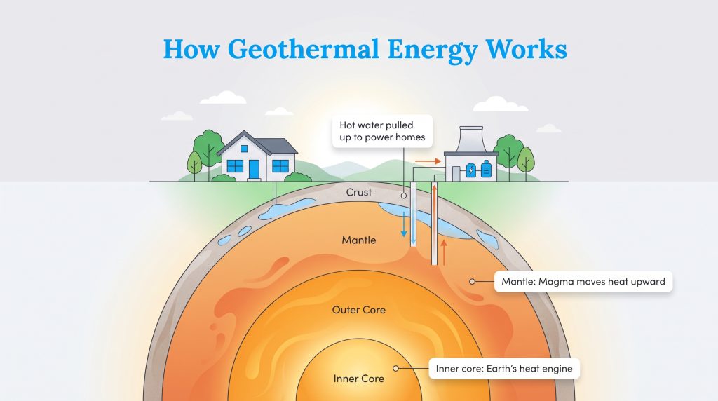 Cross-section of Earth showing geothermal heat rising from the core to power a surface home.
