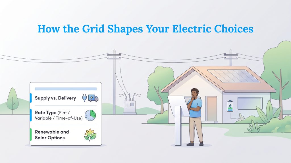 Illustration explaining electric service options like supply, rate type, and solar plans