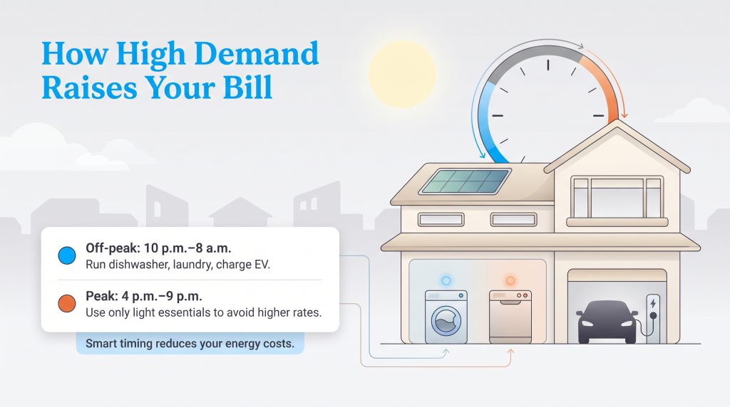 Graphic showing peak and off-peak energy hours for home appliance use to lower utility bills