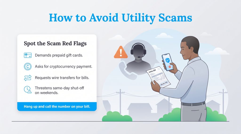 Guide to avoiding utility scams by identifying red flags and calling the official number.