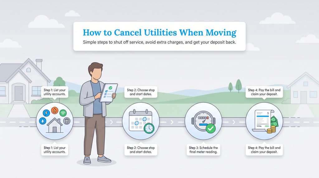 Four-step guide on how to cancel utilities when moving with illustrative icons