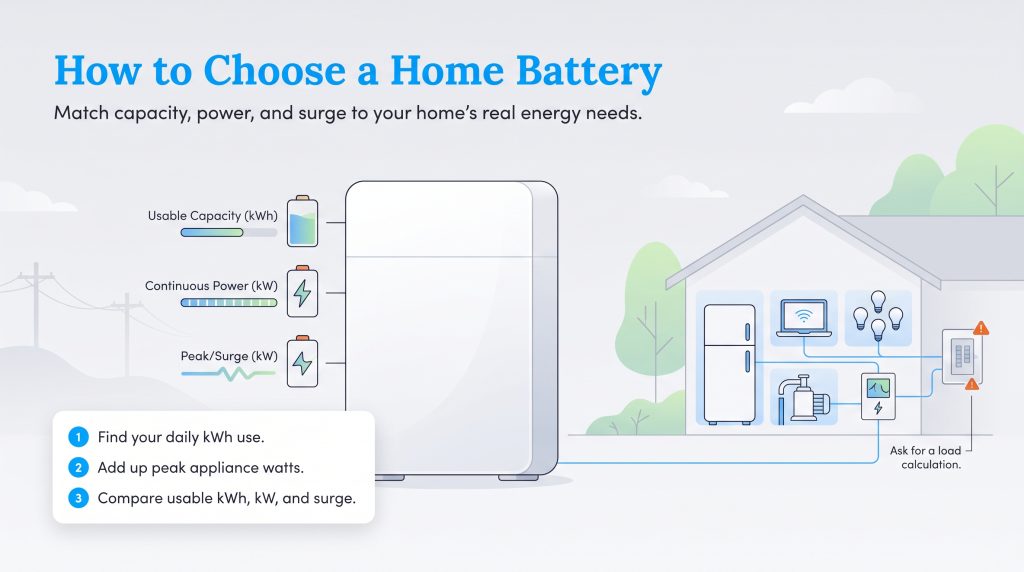 Steps to choose a home battery matching usable capacity, continuous power, and peak surge.