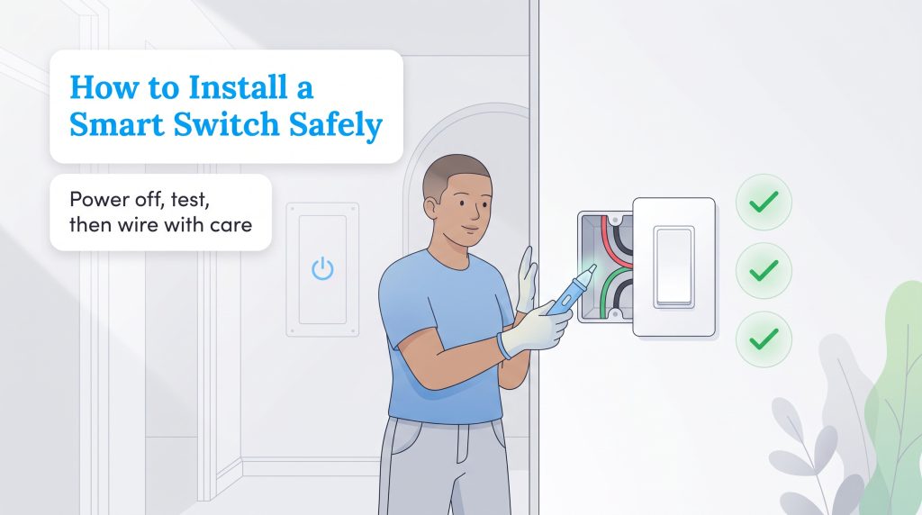 An illustration of a man using a voltage tester while safely installing a smart wall switch
