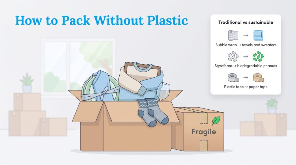 Illustration of moving boxes packed with household fabrics instead of plastic bubble wrap.