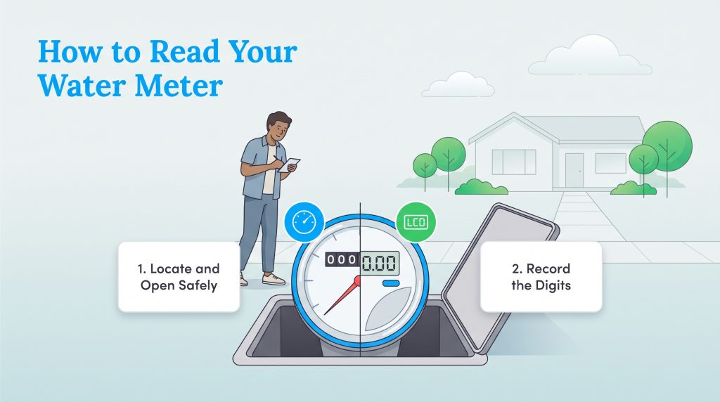 Steps for reading analog or digital household water meters from an open ground box.