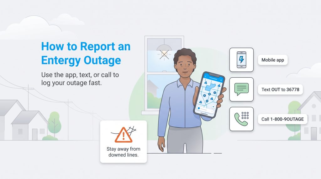 Guide on how to report an Entergy power outage using a mobile app text message or phone call.